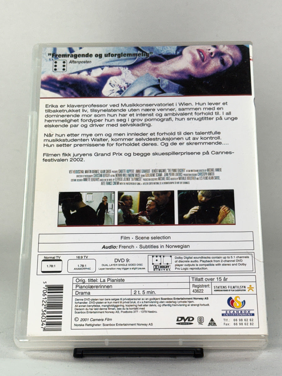 Bakside av DVD-cover til Pianolærerinnen – brukt originalfilm på DVD, regissert av Michael Haneke, tilgjengelig hos Brukbar Film