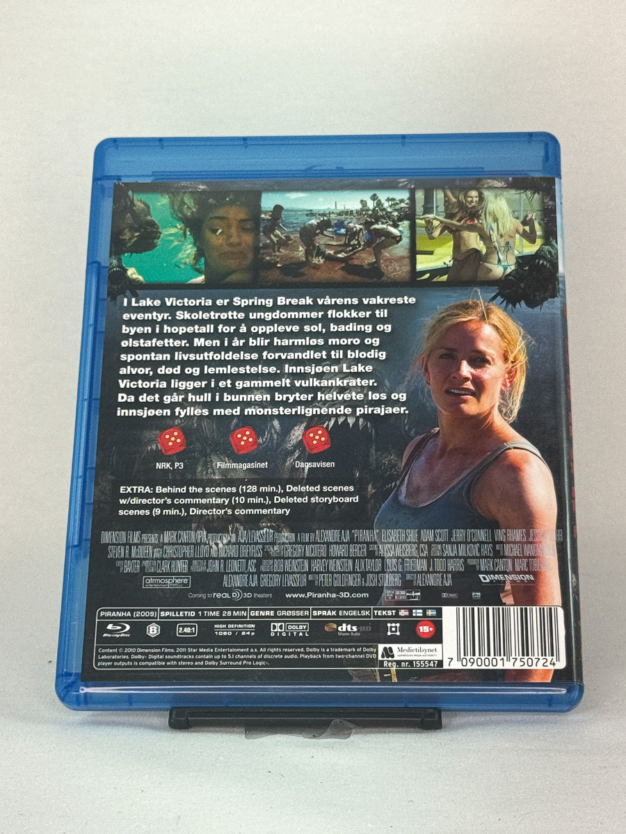 Bakside av Blu-ray-cover for Piranha – filmomtale, teknisk informasjon og bonusliste, brukt film hos Brukbar Film.