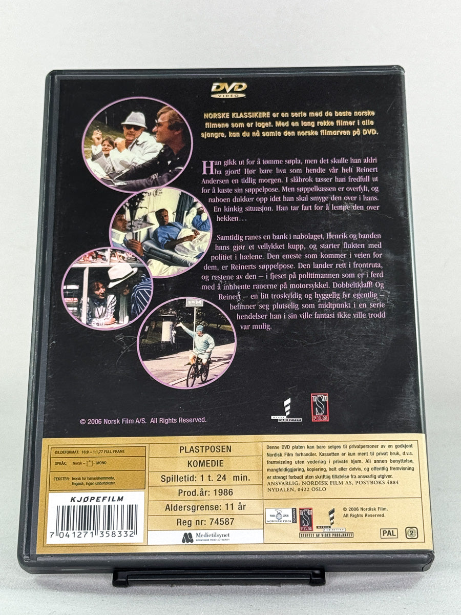 DVD-bakside til filmen Plastposen
Baksiden viser info, spesifikasjoner og eventuell ekstratekst – produktbilde fra nettbutikken Brukbar Film