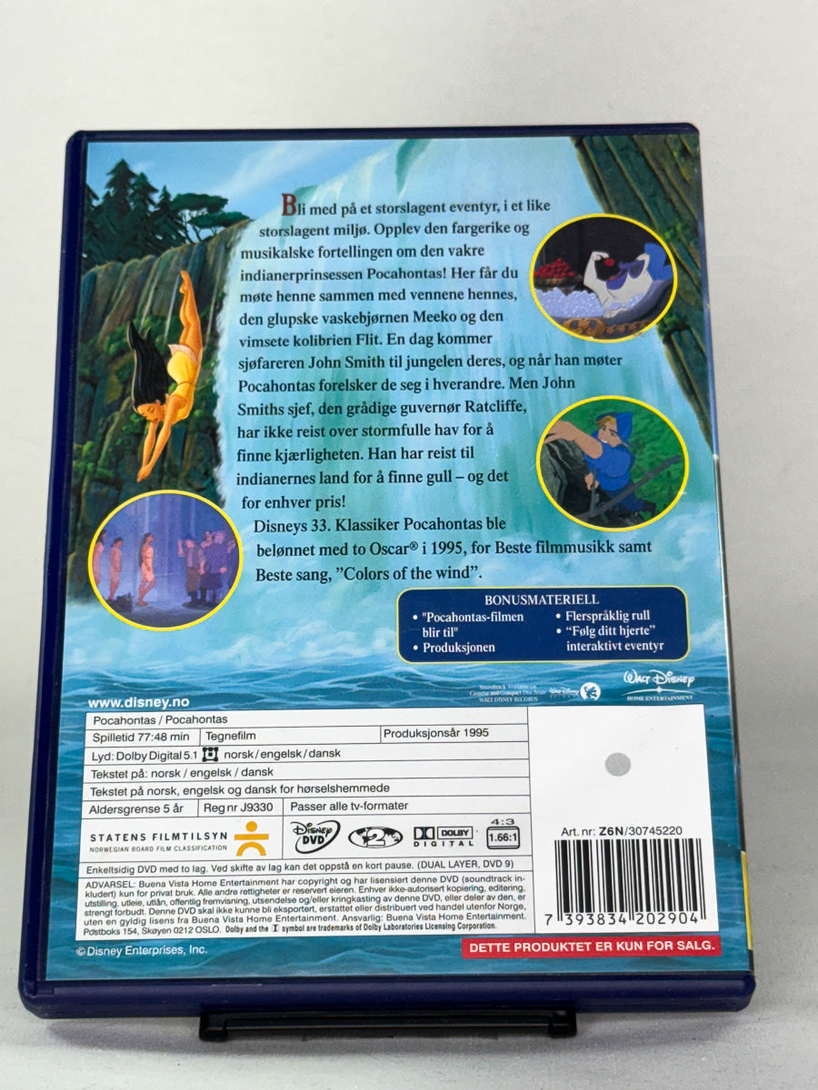 DVD-bakside til filmen Pocahontas
Baksiden viser info, spesifikasjoner og eventuell ekstratekst – produktbilde fra nettbutikken Brukbar Film