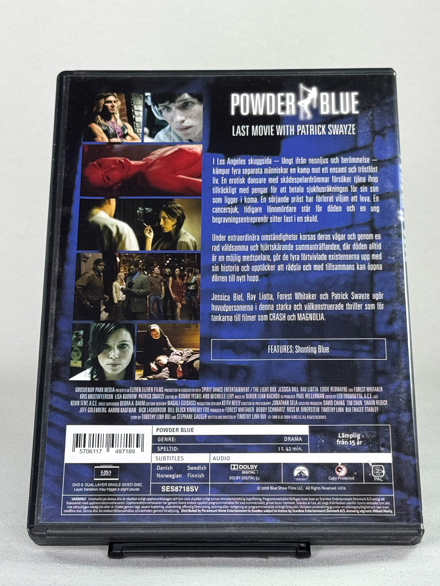 Bakside av DVD-cover Powder Blue – brukt drama med sterke rolleprestasjoner, originalfilm fra Brukbar Film