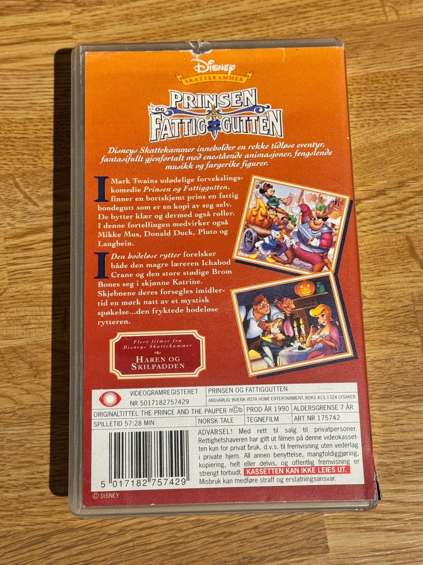 Bakside av cover til Prinsen og fattiggutten, norsk VHS-utgivelse