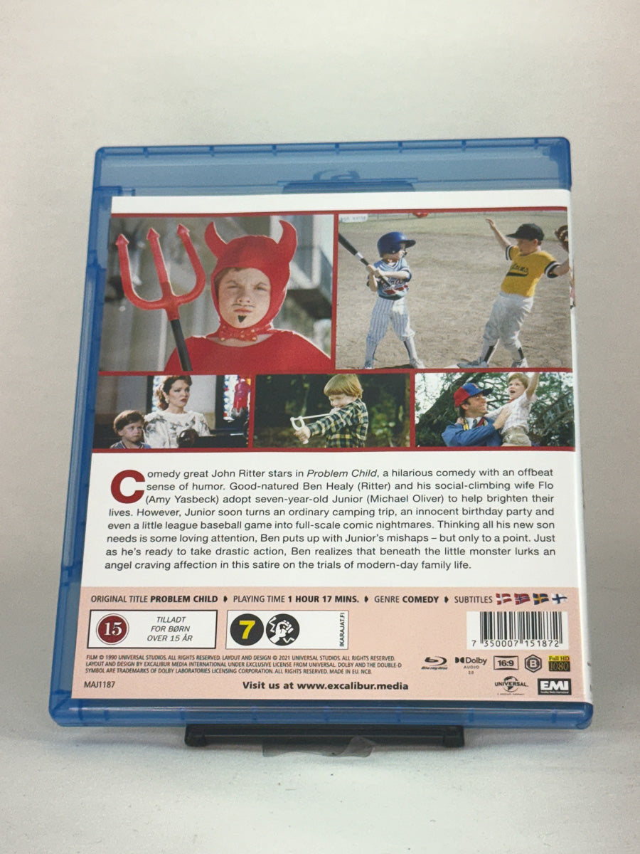 Bakside av Blu-ray-cover til Problem Child – komedie om familiekaos og barns rampestreker, brukt Blu-ray-film tilgjengelig hos Brukbar Film.