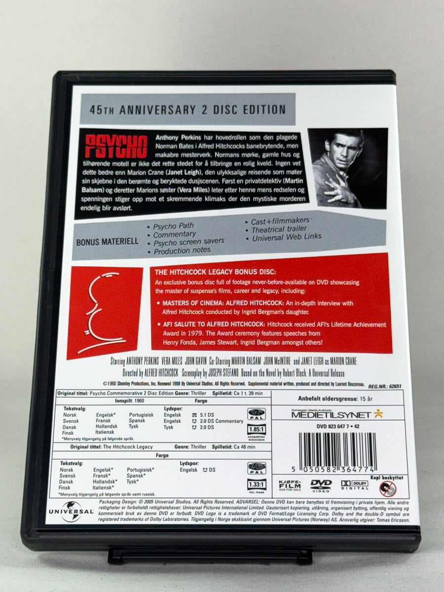 Bakside av DVD-cover for filmen Psycho – brukt originalfilm på DVD, legendarisk Hitchcock-thriller, hos Brukbar Film