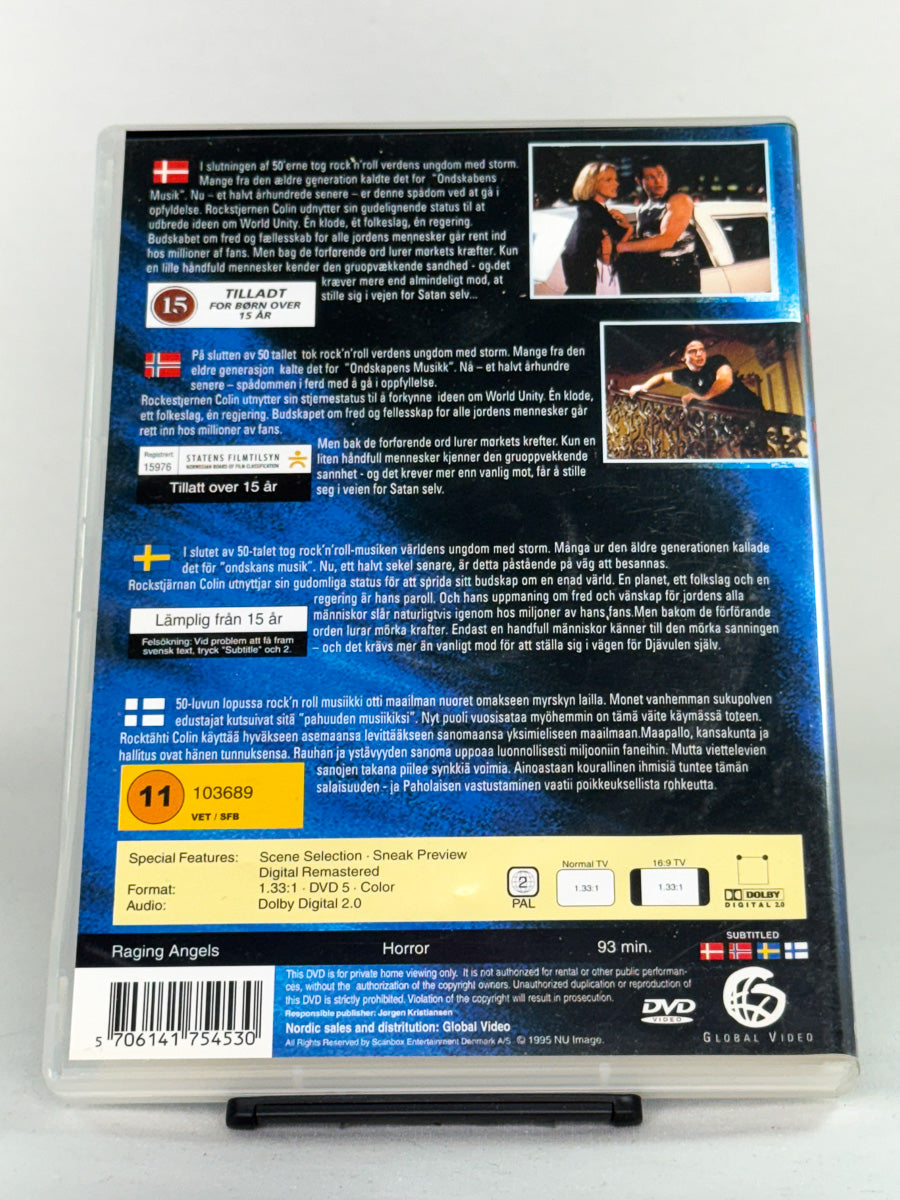 Bakside av DVD-cover til Raging Angels med produksjonsdetaljer; brukt filmutgave på DVD hos Brukbar Film.
