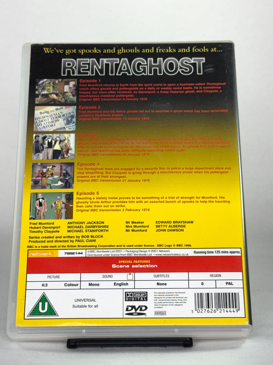 Bakside av DVD-cover for Rentaghost – The Complete First Series med episodetekst og teknisk info; brukt DVD-serie hos Brukbar Film.