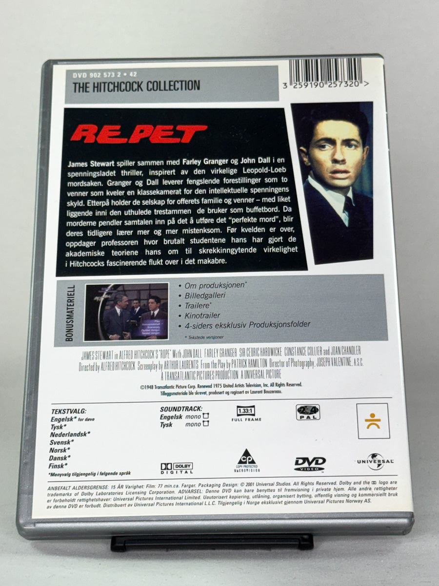 Bakside av DVD-cover for filmen Repet – brukt originalfilm på DVD, spenningsklassiker av Alfred Hitchcock, hos Brukbar Film
