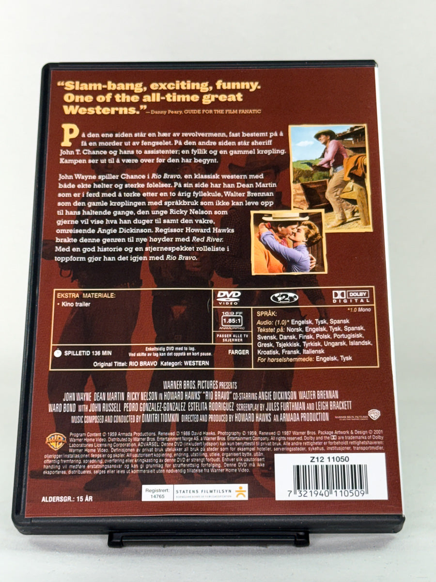 DVD-bakside til filmen Rio Bravo
Baksiden viser info, spesifikasjoner og eventuell ekstratekst – produktbilde fra nettbutikken Brukbar Film