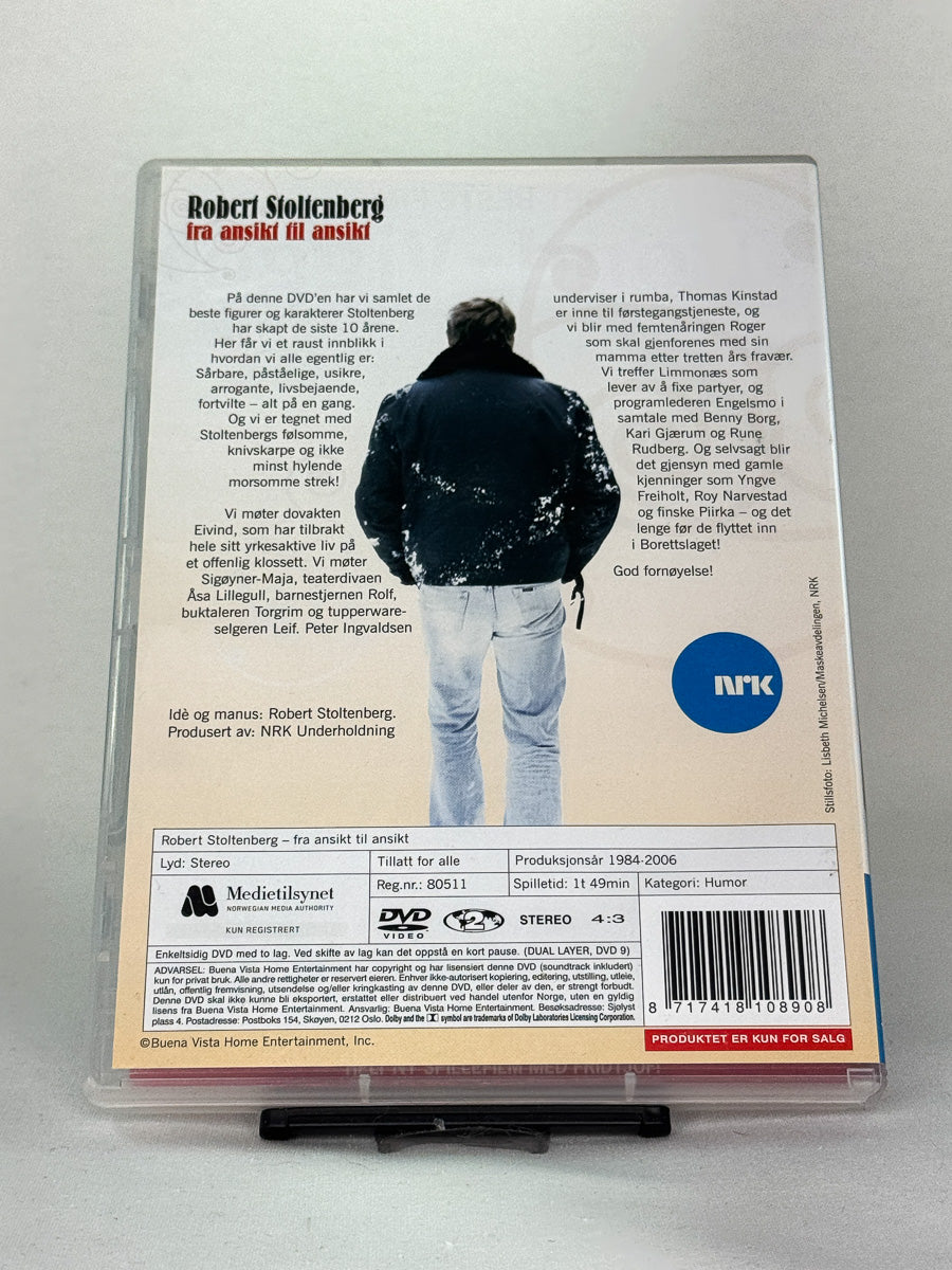 Bakside av DVD-cover til Robert Stoltenberg – Fra ansikt til ansikt – detaljer om innhold, spilletid og bonusmateriale, brukt DVD hos Brukbar Film