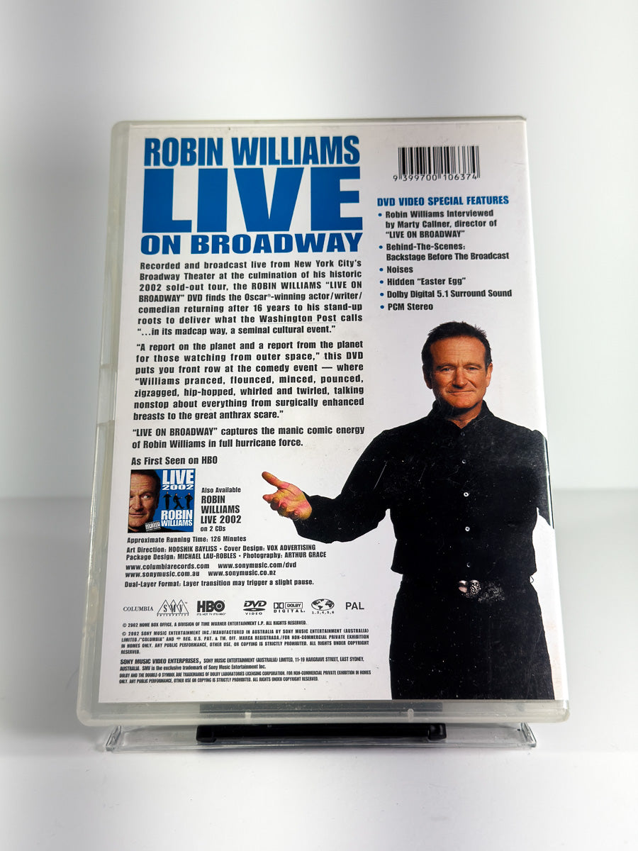 Bakside av cover til Robin Williams – Live on Broadway på DVD