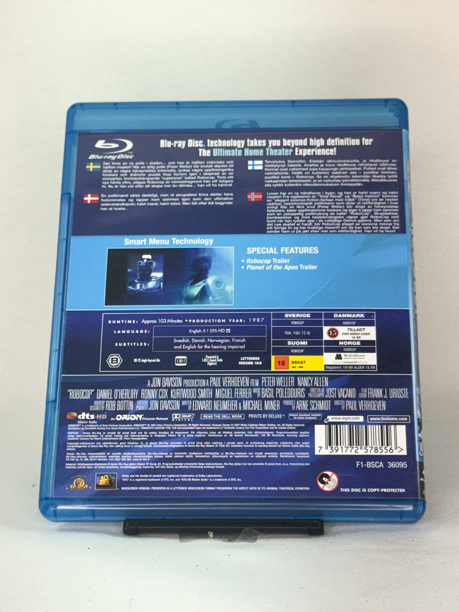 Bakside av Blu-ray-cover til RoboCop (1987) – Blu-ray-utgave av Paul Verhoevens ikoniske actionfilm, brukt original hos Brukbar Film.