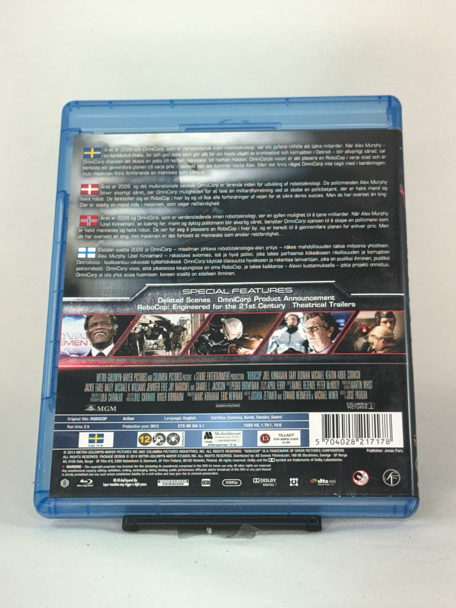 Bakside av Blu-ray-cover til RoboCop (2014) – moderne tolkning av klassikeren i Blu-ray-utgave, tilgjengelig hos Brukbar Film.