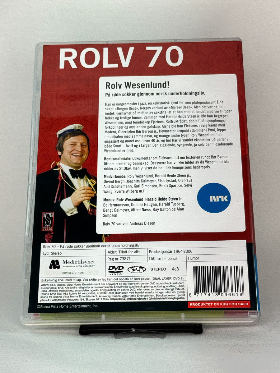 DVD-cover-bakside til serien Rolv 70 – På røde sokker gjennom norsk underholdningsliv – Brukt DVD fra nettbutikken Brukbar Film
