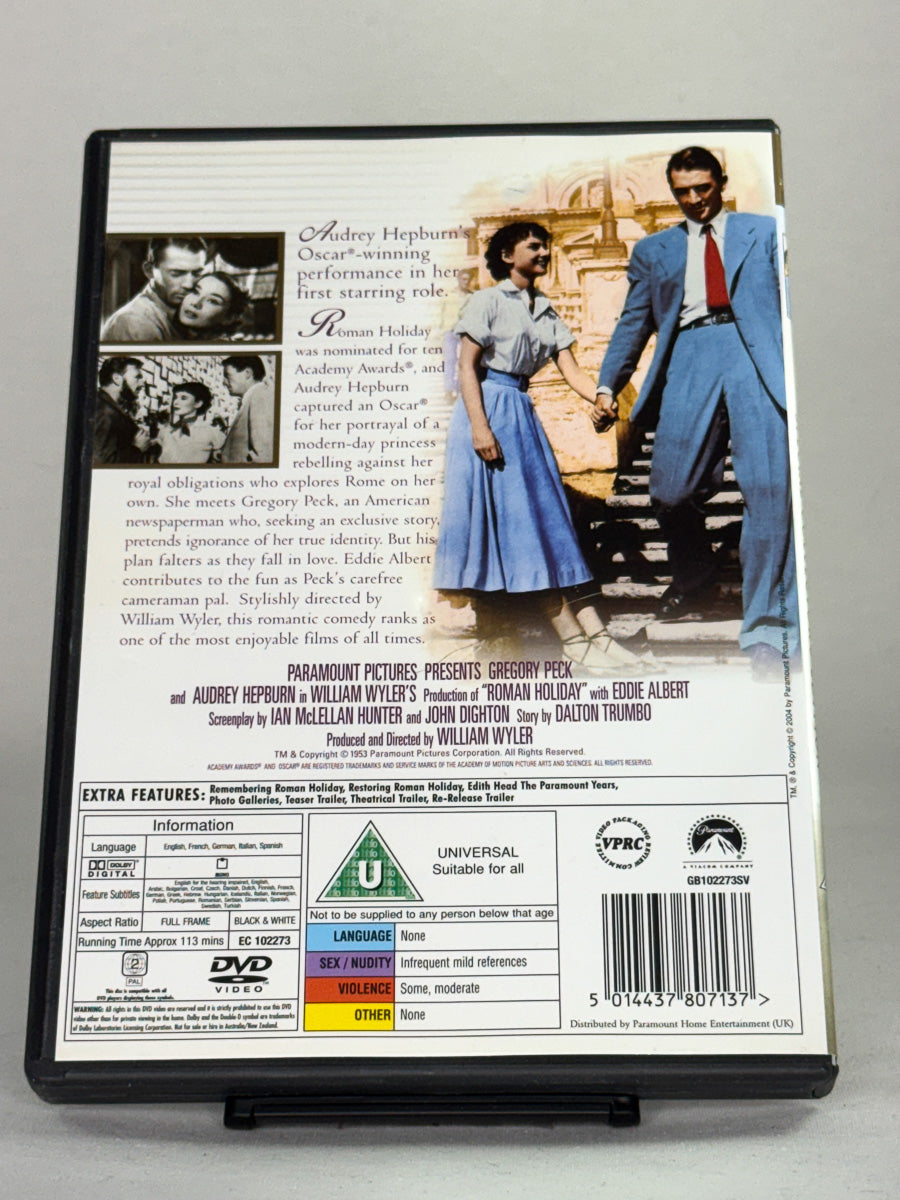 Bakside av DVD-cover til Roman Holiday – Oscar-belønnet filmklassiker i Special Collector’s Edition på brukt DVD tilgjengelig hos Brukbar Film