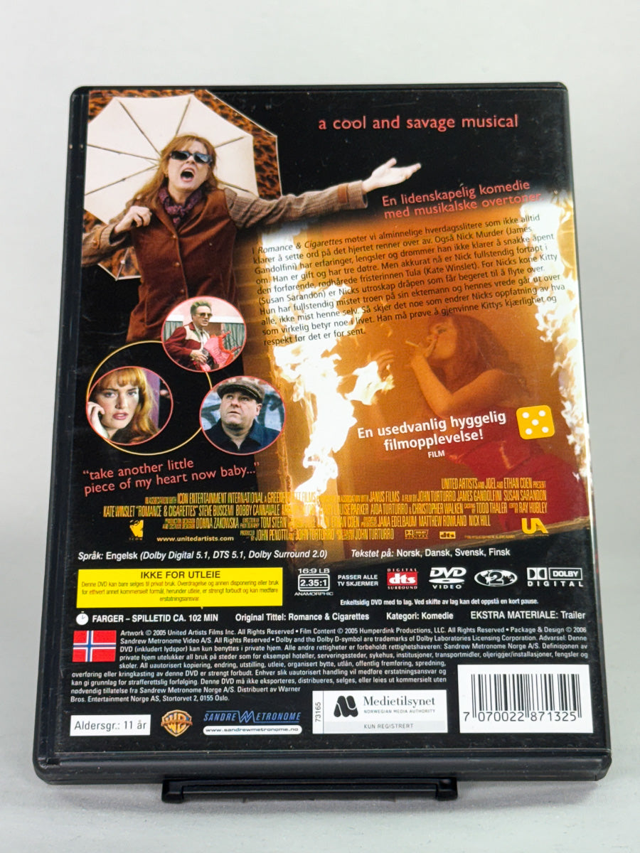 DVD-cover-bakside til filmen Romance & Cigarettes – Brukt DVD fra nettbutikken Brukbar Film