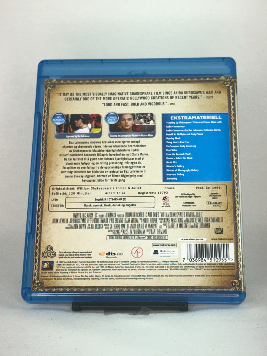 Bakside av Blu-ray-cover for Romeo og Julie – informasjon om filmens innhold, skuespillere og tekniske spesifikasjoner, brukt film hos Brukbar Film.