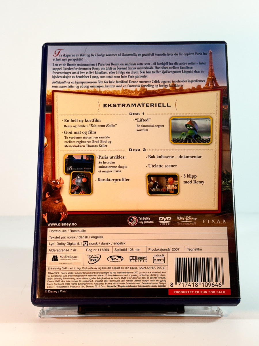 Bakside av cover til Disney Pixar filmen Rottatouille, brukt DVD hos Brukbar Film