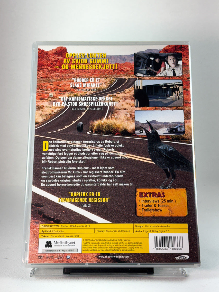 Bakside av DVD-cover til Rubber, bruktfilm hos Brukbar Film