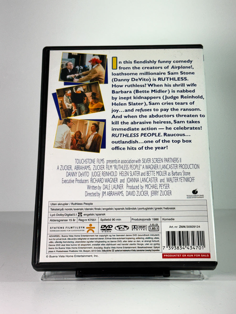 Bakside av cover til Ruthless People, bruktfilm på DVD hos Brukbar Film