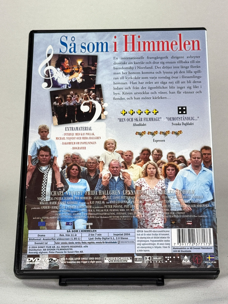 Bakside av DVD-cover til Så som i Himmelen – viser filmomtale, bilder og priser, brukt DVD fra Brukbar Film.