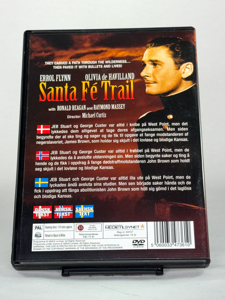 Bakside av DVD-cover til Santa Fe Trail med informasjon om filmens utgave; brukt DVD hos Brukbar Film.