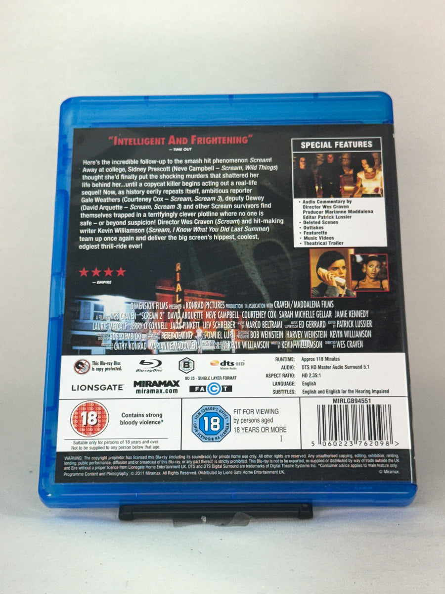 Bakside av Blu-ray-cover til Scream 2 – brukt originalfilm i skrekkserien, kjøp hos Brukbar Film