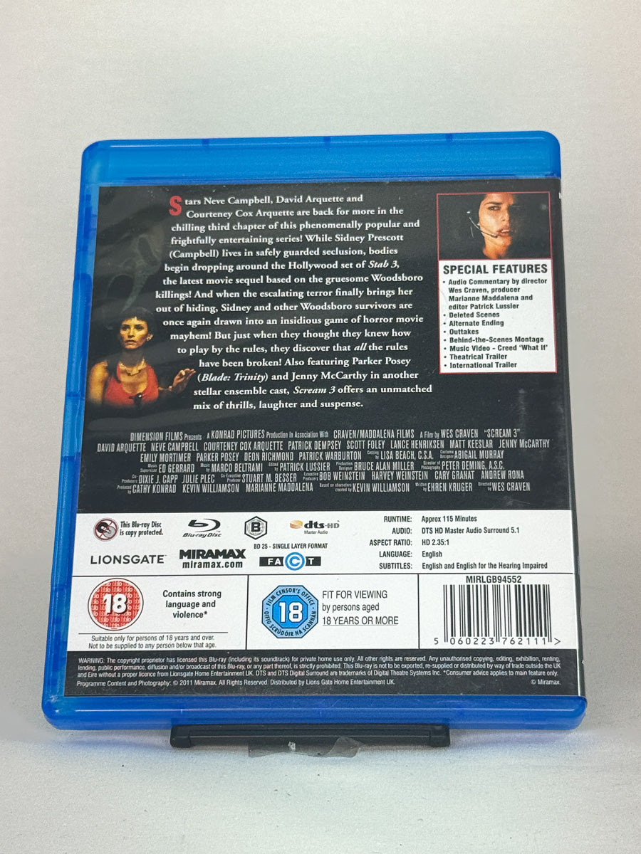 Bakside av Blu-ray-cover til Scream 3 – brukt originalfilm fra Miramax, tilgjengelig hos Brukbar Film