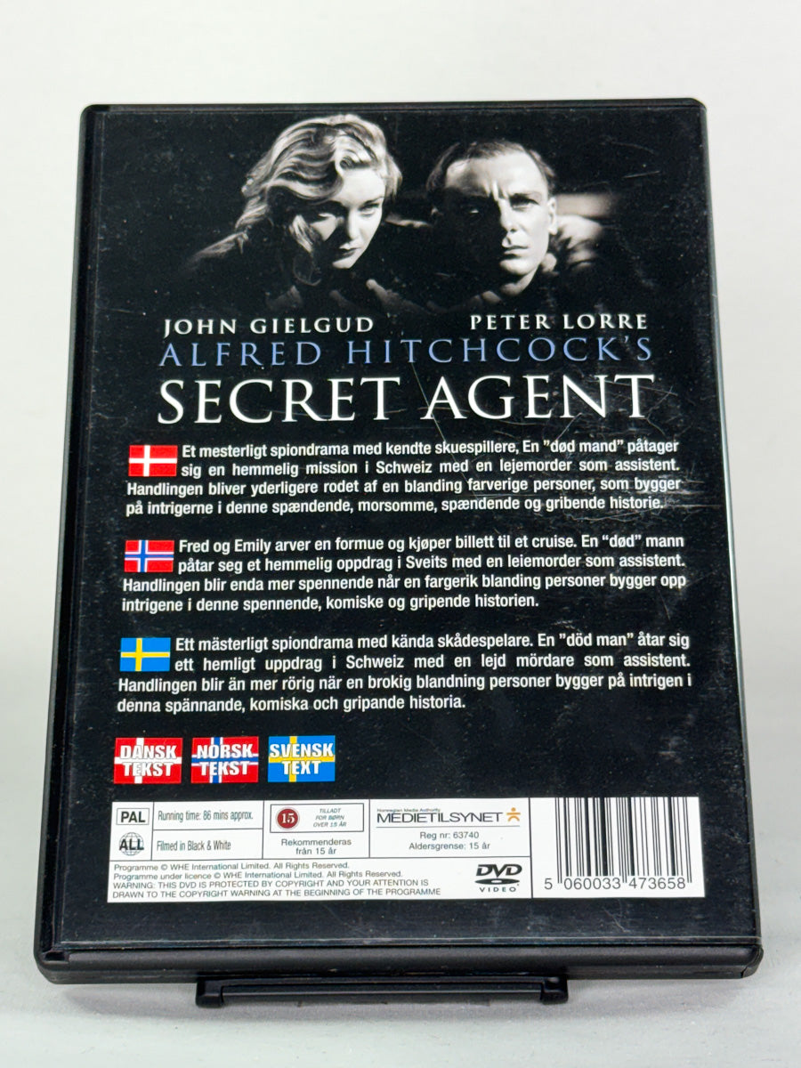 Bakside av DVD-cover for filmen Secret Agent – brukt originalfilm på DVD, spenning fra Alfred Hitchcock, hos Brukbar Film