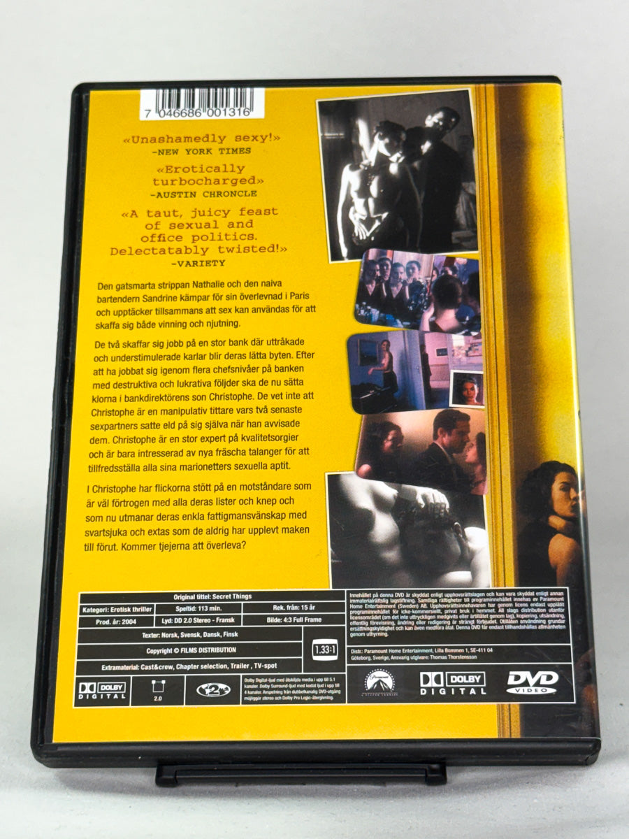 Bakside av DVD-cover Secret Things – brukt erotisk film med fransk preg, komplett omslag fra Brukbar Film