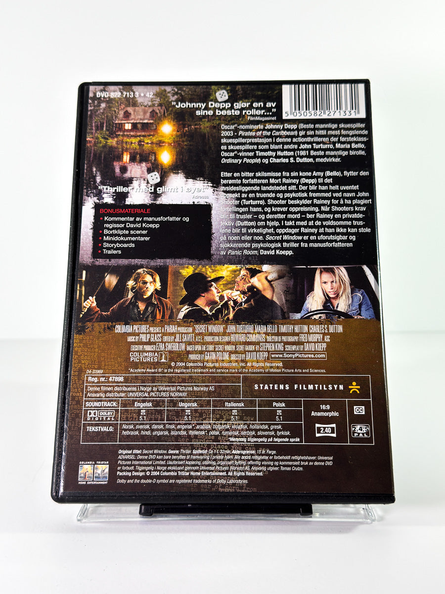 Bakside av cover til Secret Window, brukt original DVD hos Brukbar Film