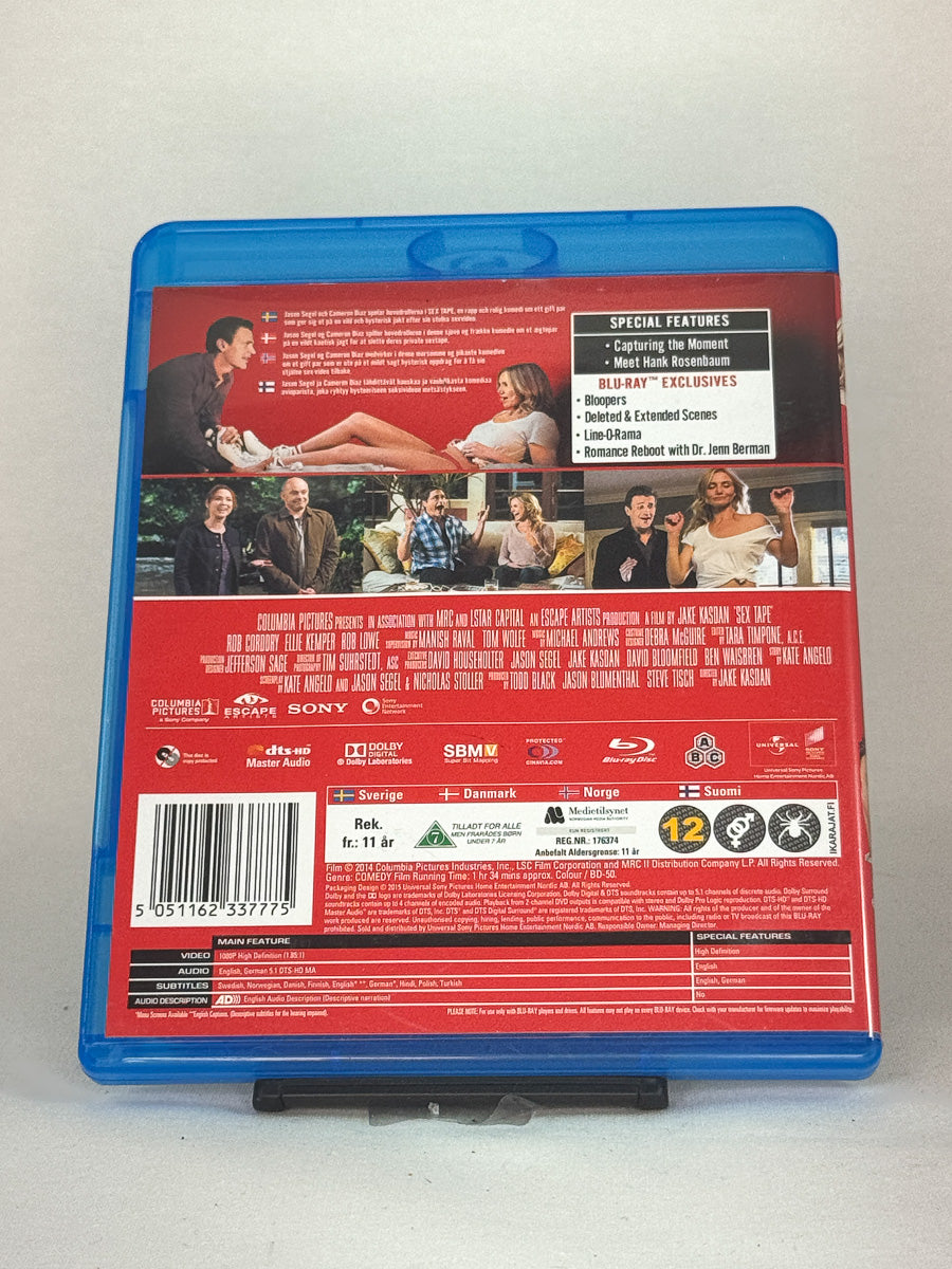 Bakside av Blu-ray-cover for Sex Tape – beskrivelse av filmens innhold, rollebesetning og teknisk info, brukt film hos Brukbar Film.