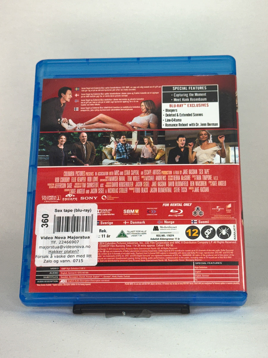 Bakside av Blu-ray-cover for Sex Tape (Rental Copy) – detaljer om filmens innhold, rollebesetning og teknisk informasjon, brukt film hos Brukbar Film.