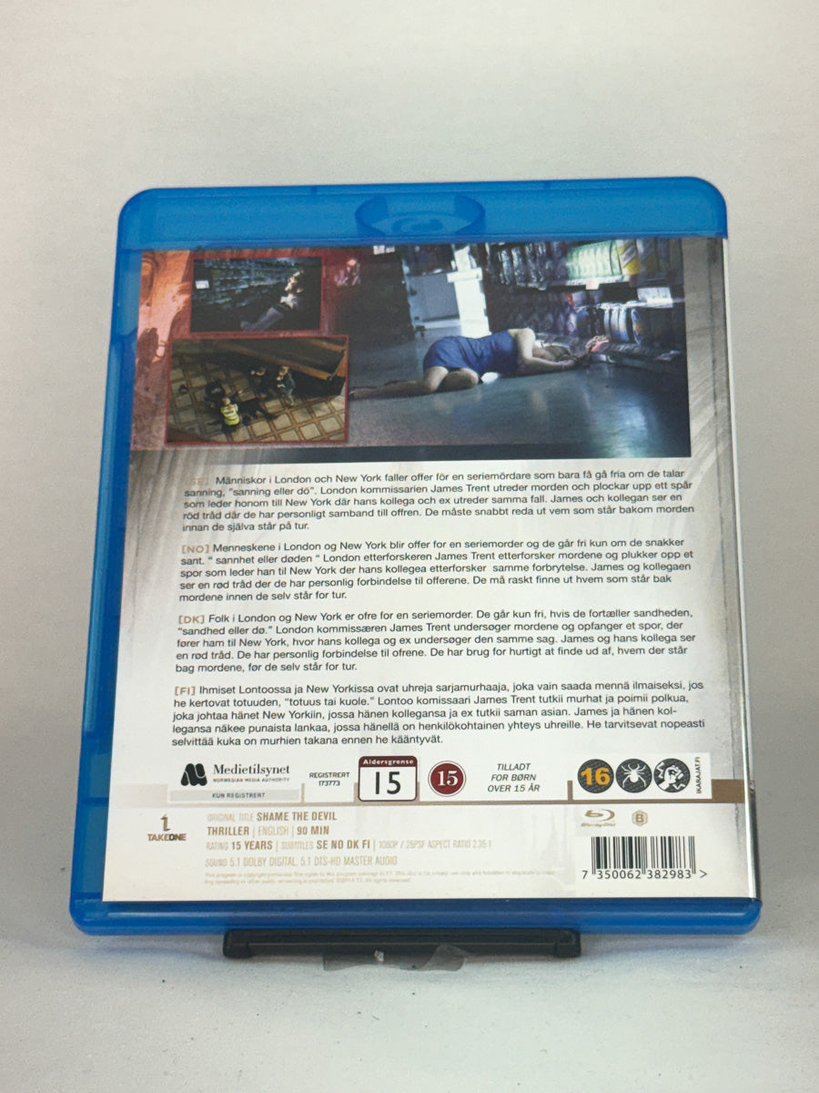 Bakside av Blu-ray-cover til Shame the Devil – psykologisk krim om skyld og hevn, Blu-ray-utgave hos Brukbar Film.