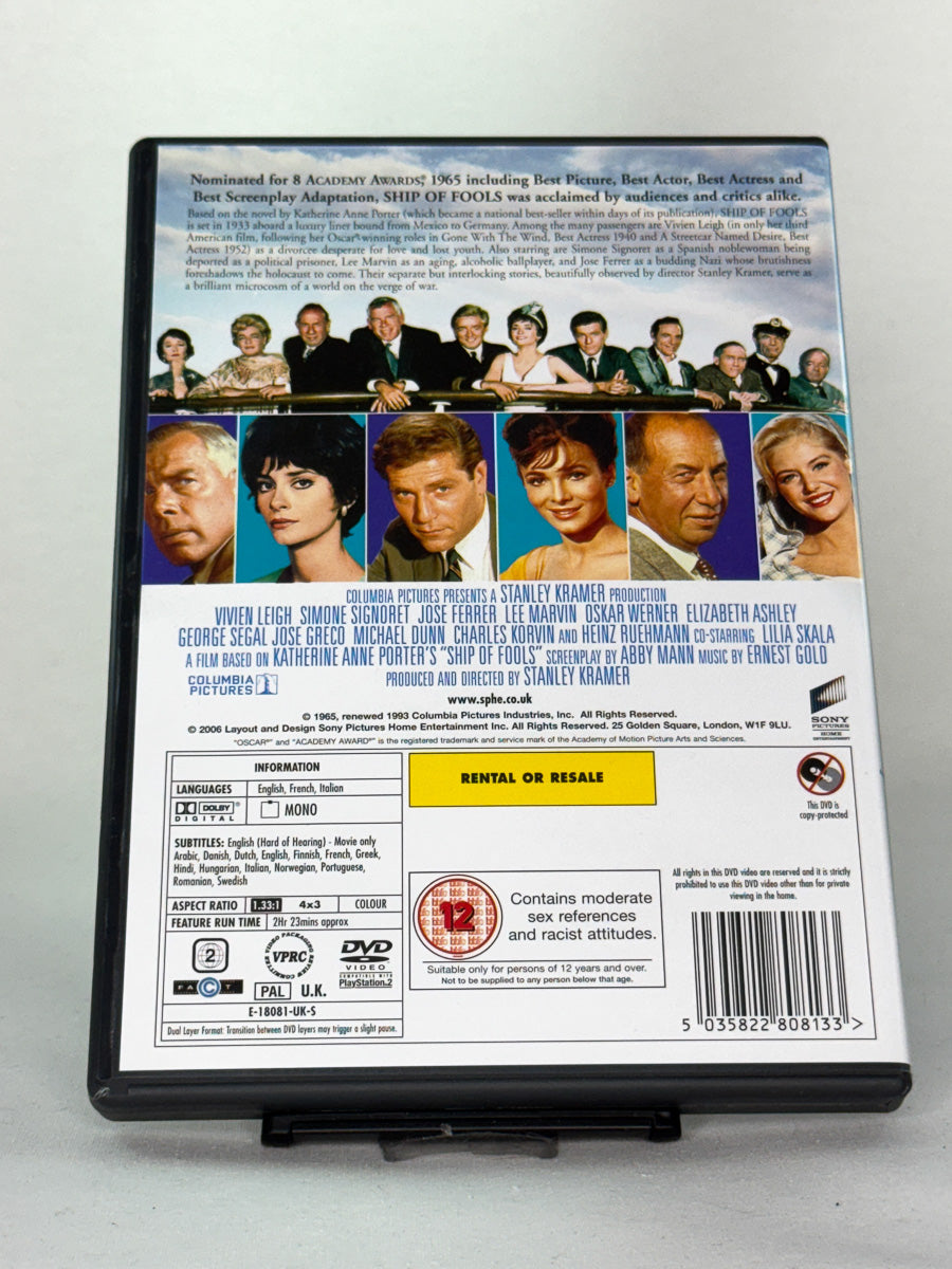 Bakside av DVD-cover til Ship of Fools – intenst menneskelig drama om moral og fordommer ombord på et skip, second hand DVD-film fra Brukbar Film.