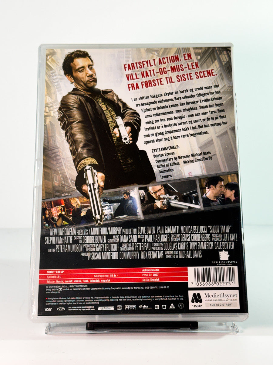 Bakside av cover til shoot em up, brukt original DVD hos Brukbar Fil