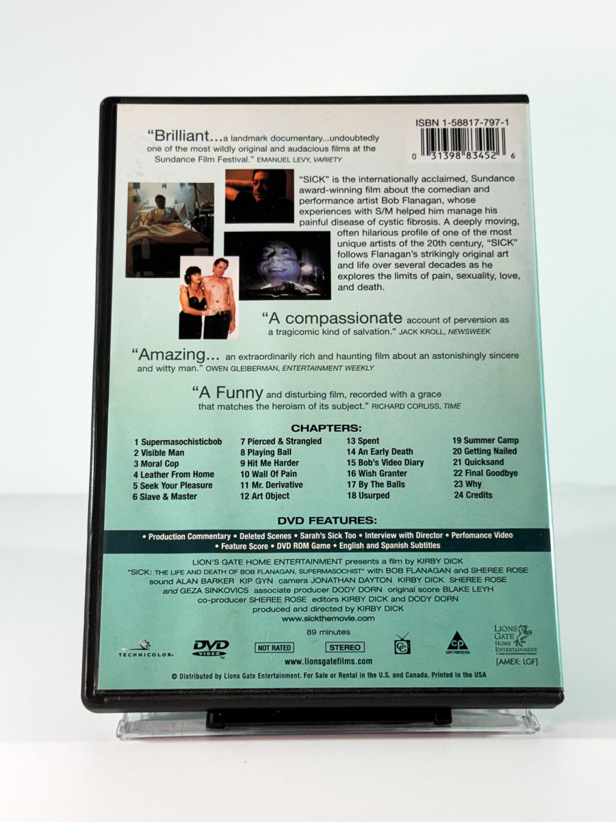 Bakside av cover til Sick The Life and Death of Bob Flanagan Supermasochist, brukt original DVD hos Brukbar Film