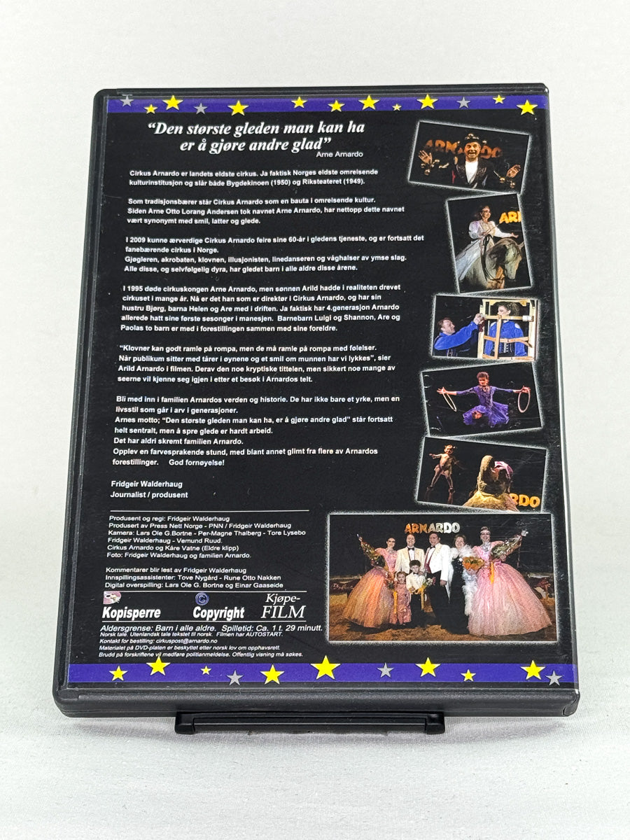 Norges Cirkus Arnardo - Tårer i øynene og smil på munnen – bakside av brukt DVD-cover, norsk dokumentar med omtale og informasjon