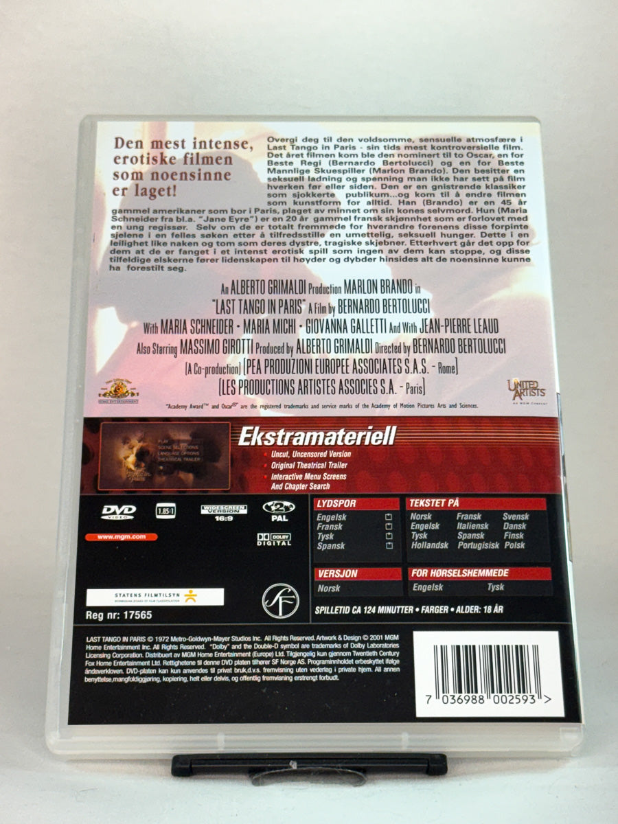 Bakside av DVD-cover til Siste tango i Paris, bruktfilm hos nettbutikken Brukbar Film
