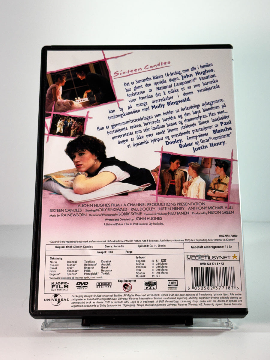 Bakside av cover til sixteen candles, brukt original DVD hos Brukbar Film