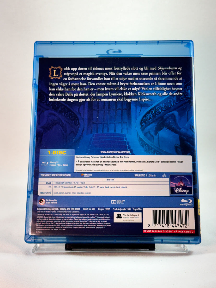 Skjønnheten og Udyret – bakside av Blu-ray-cover, animert familiefilm fra Disney, bruktfilm hos Brukbar Film