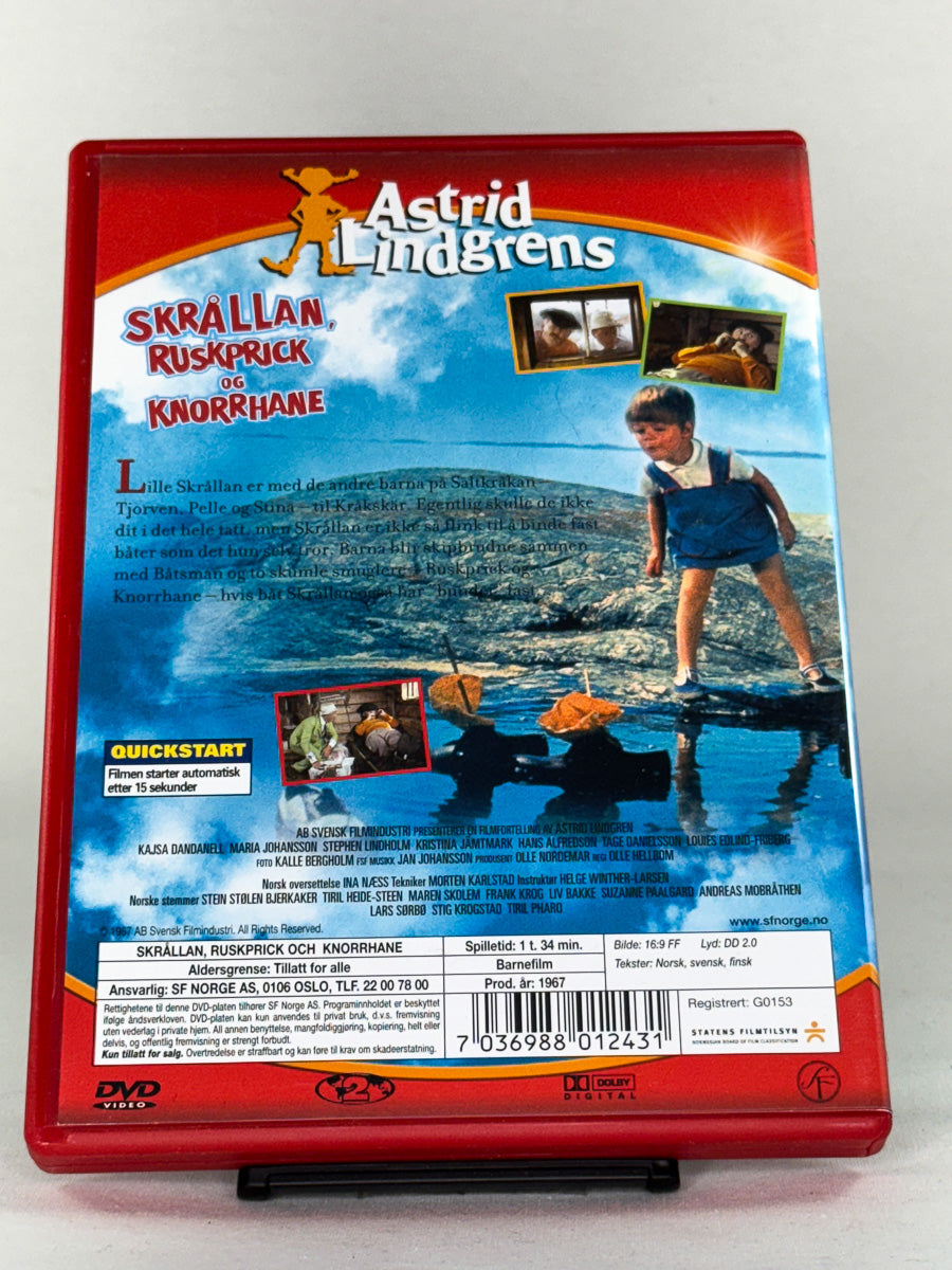 DVD-bakside til filmen Skrållan, Ruskprick og Knorrhane
Baksiden viser info, spesifikasjoner og eventuell ekstratekst – produktbilde fra nettbutikken Brukbar Film