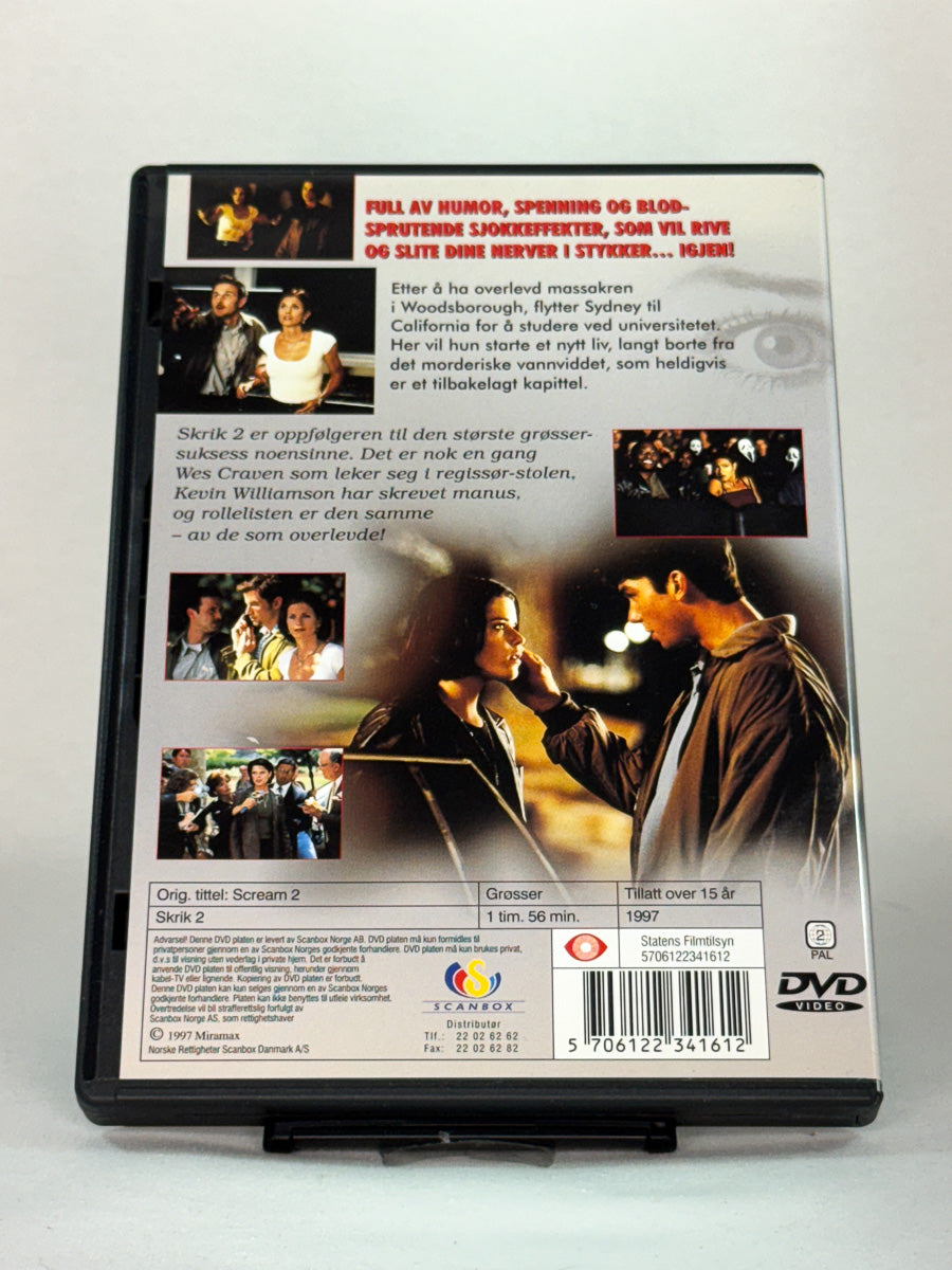 DVD-cover-bakside til filmen Skrik 2 – Brukt DVD fra nettbutikken Brukbar Film