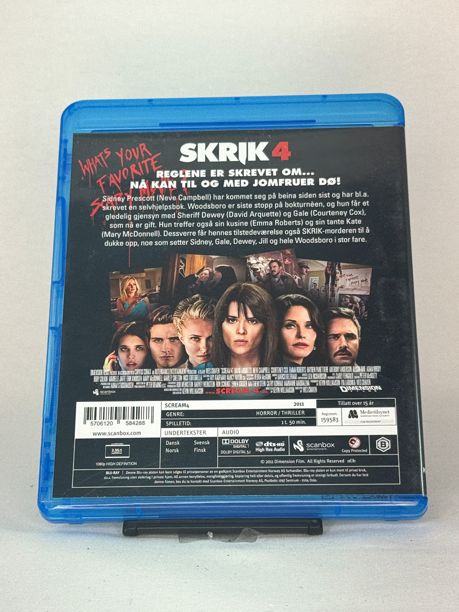 Bakside av Blu-ray-cover til Skrik 4 – brukt originalfilm i kultserien, kjøp hos Brukbar Film