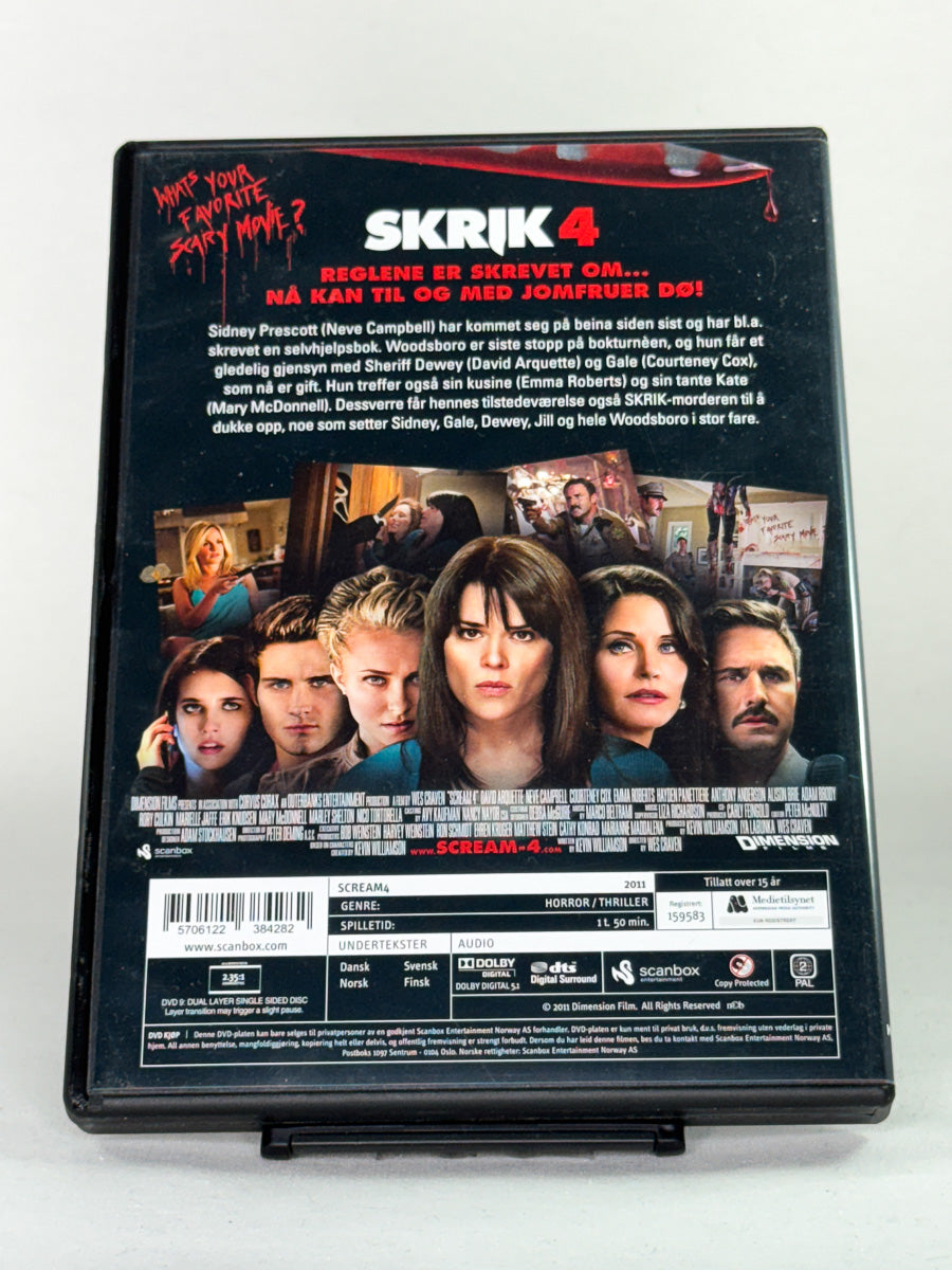 DVD-cover-bakside til filmen Skrik 4 – Brukt DVD fra nettbutikken Brukbar Film