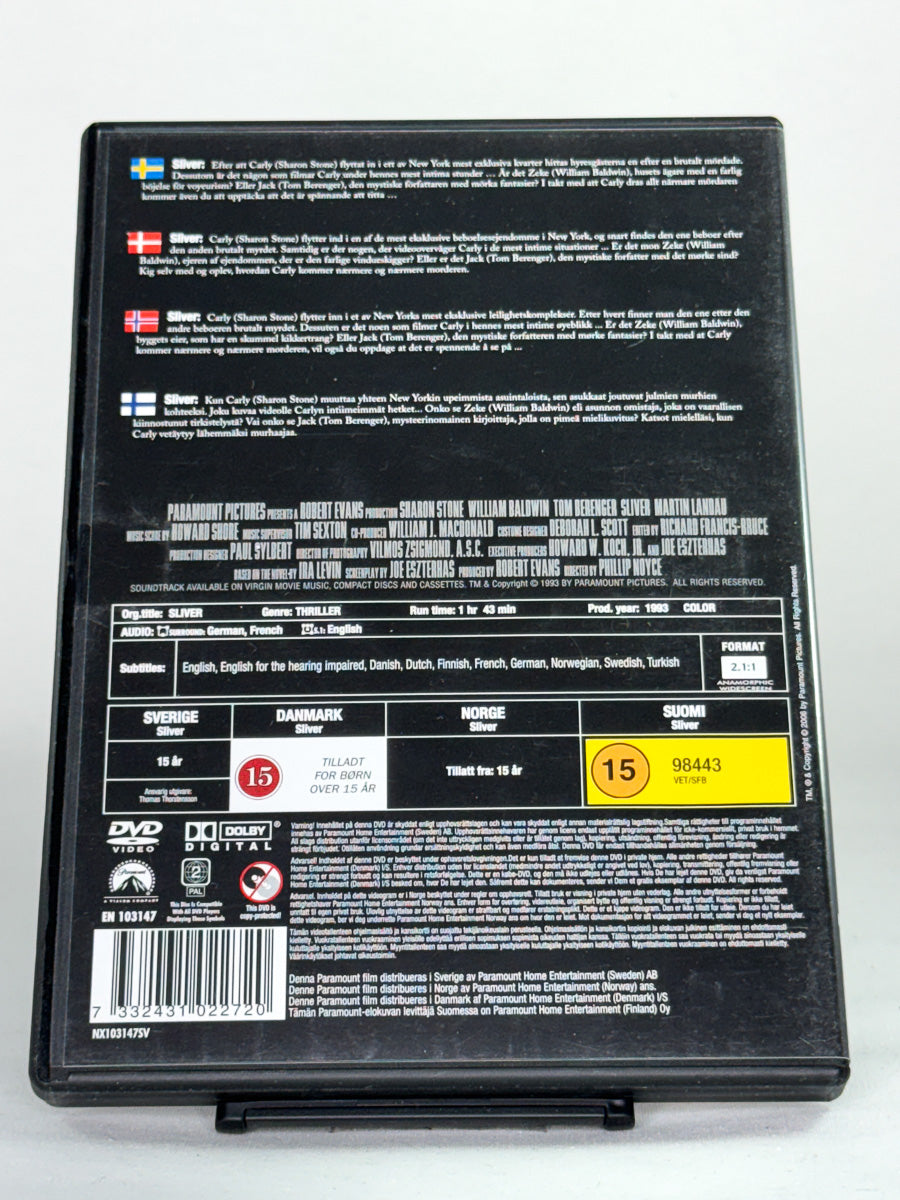 Bakside av DVD-cover Sliver – brukt erotisk thriller med stjernespekket cast, detaljert filmomslag hos Brukbar Film