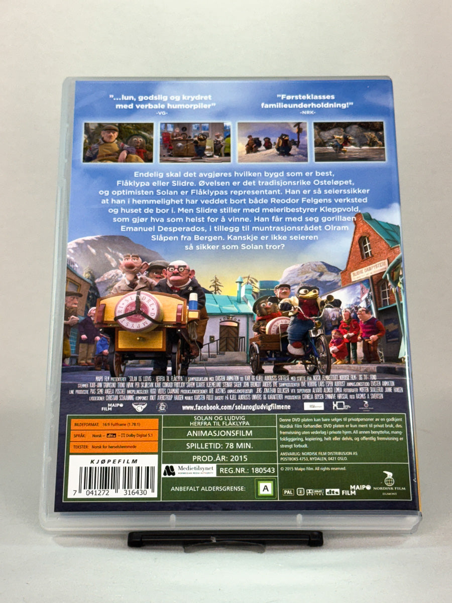 Bakside av DVD-cover for Solan og Ludvig – Herfra til Flåklypa – brukt original norsk animasjonsfilm, kjøp familie- og eventyrfilmer hos Brukbar Film