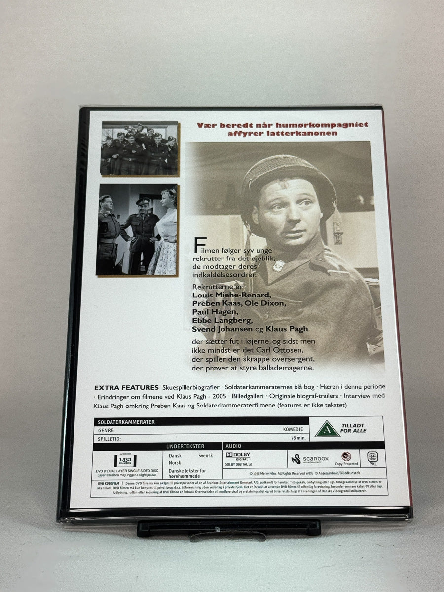 Bakside av DVD-cover for Soldaterkammerater – klassisk dansk militærkomedie fra 1958, utgitt i samleboksen Den komplette samling hos Brukbar Film.