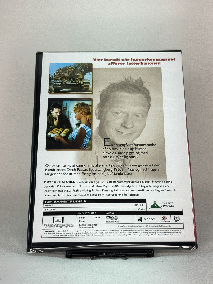 Bakside av DVD-cover for Soldaterkammerater rykker ud – klassisk dansk humor med Dirch Passer, tilgjengelig i Den komplette samling hos Brukbar Film.