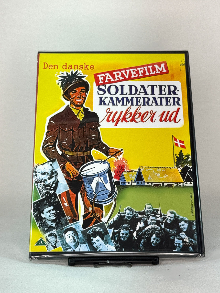 Forside av DVD-cover for Soldaterkammerater rykker ud – fargerik dansk komedie fra 1959, del av den komplette Soldaterkammerater-samlingen fra Brukbar Film.