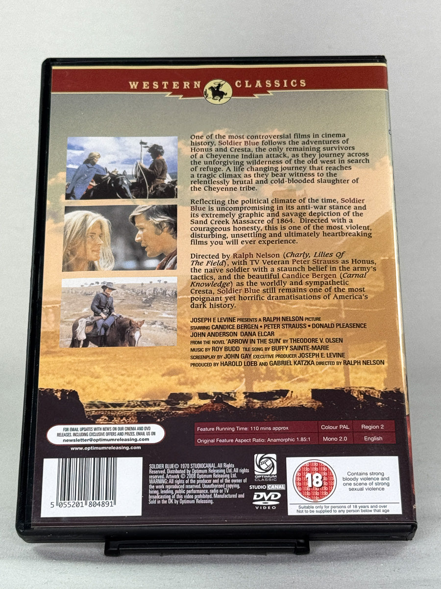 Bakside av DVD-cover for Soldier Blue – brukt westernfilm på DVD, tilgjengelig hos Brukbar Film med originale filmutgivelser